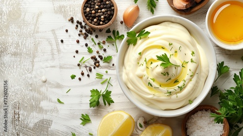 A Bowl of Fresh Mayonnaise Surrounded by Its Essential Ingredients on a White Wooden Canvas