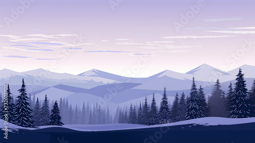 Winter landscape with mountains and coniferous forest. Vector illustration