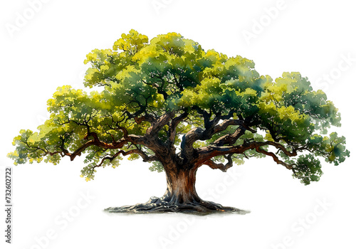  Watercolor painting lush, green tree with a sturdy, twisted trunk and sprawling branches, isolated on a white background