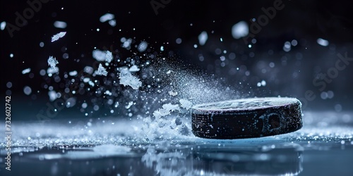 An impressive detail shows a hockey puck in mid-flight, surrounded by ice particles that shine in the freezing atmosphere of the rink. Hockey puck close-up. photo