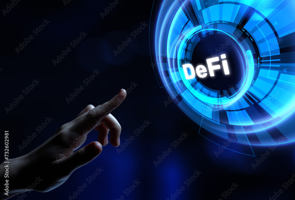 Decentralized finance blockchain technology cryptocurrency. Hands pressing button virtual screen. Decentralized finance blockchain technology cryptocurrency. Hands pressing button virtual screen.