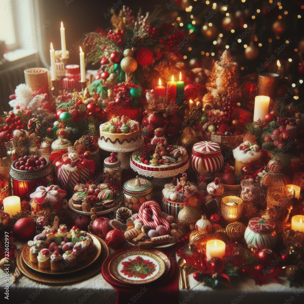 Christmas table setting full of treats and decoration