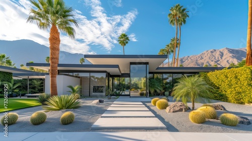 Timeless Charm - A Journey Through the Aesthetic of Mid-Century Modern Houses Complemented by Lush Palm Trees photo