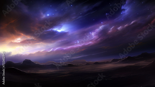 Fantasy alien planet. Mountain and nebula