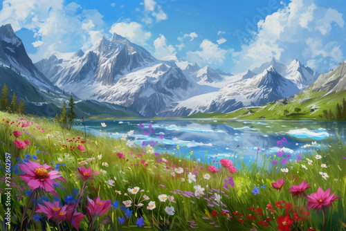 Colourful bright flowers growing from snow against the background of snow-covered beautiful mountains
