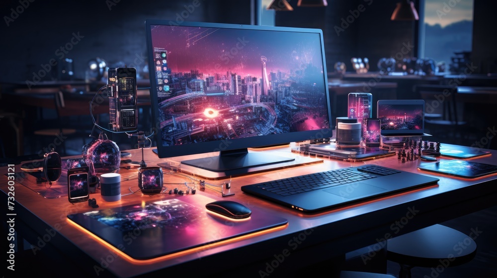 Obraz premium Array of computing devices and phones on a sleek futuristic desk
