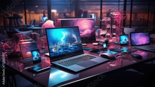 Array of computing devices and phones on a sleek futuristic desk