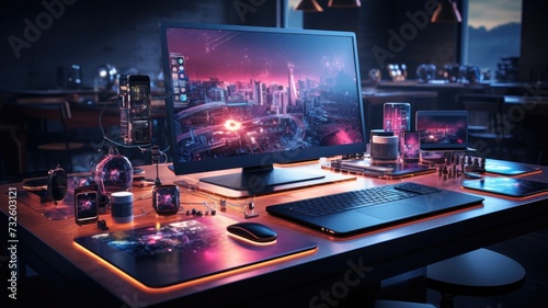 Array of computing devices and phones on a sleek futuristic desk