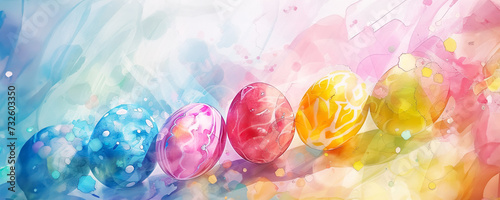 Watercolor painting of colorful easter eggs nestled in a nest, set against a vibrant, abstract background photo