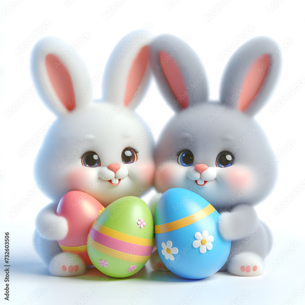 Easter two white Rabbit holding  eggs  3d illustrations