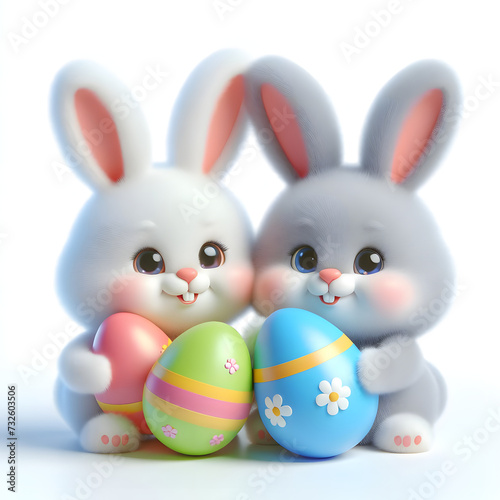 Easter two white Rabbit holding eggs 3d illustrations