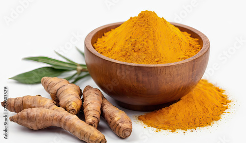 Beautiful yellow turmeric powder in a wooden bowl isolated on a white background, front view