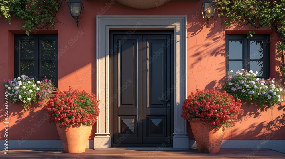 A Captivating Front Door with Square Windows, Paired Perfectly with Ornamental Flower Pots