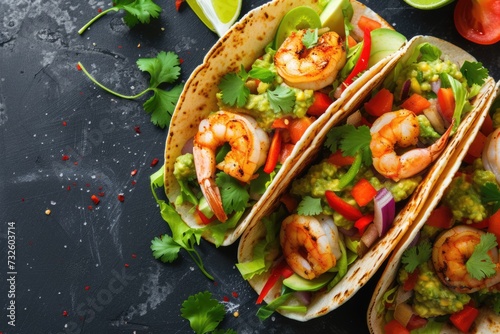 Mexican tacos with shrimpguacamole and vegetables, Mexican street food