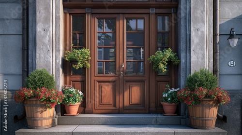 An Exquisite Front Door with Square Windows and Blossoming Flower Pots Enhancing Its Appeal