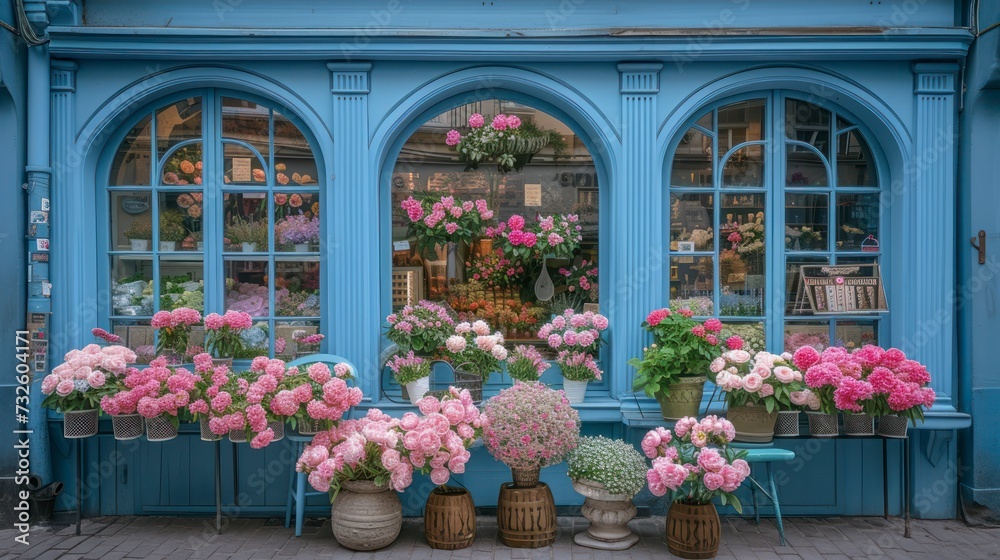 A Blue Flower Shop's Arched Windows Offer a Glimpse into a World Filled with Pink Peonies