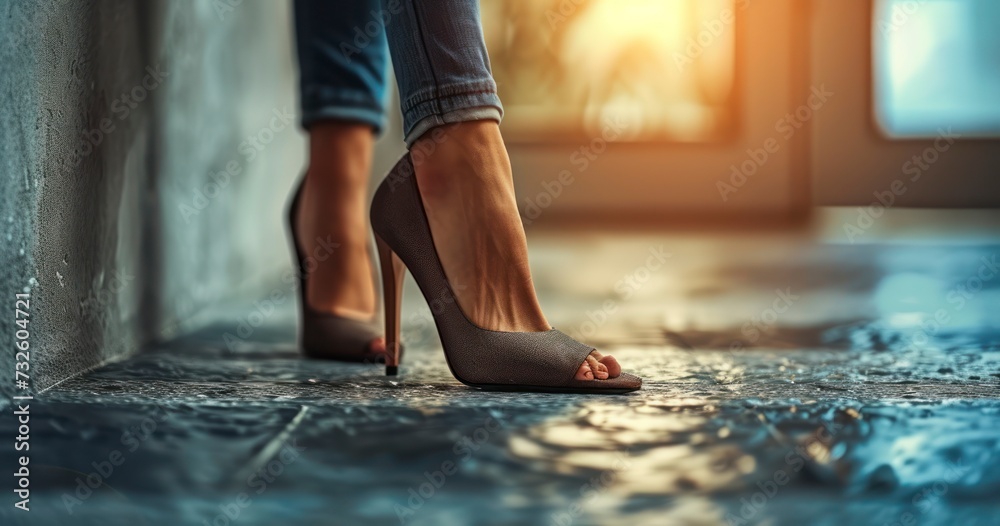 A Businesswoman's Transition After a Long Day, Soft Focus on Easing Foot Swelling A Businesswoman's Transition After a Long Day, Soft Focus on Easing Foot Swelling