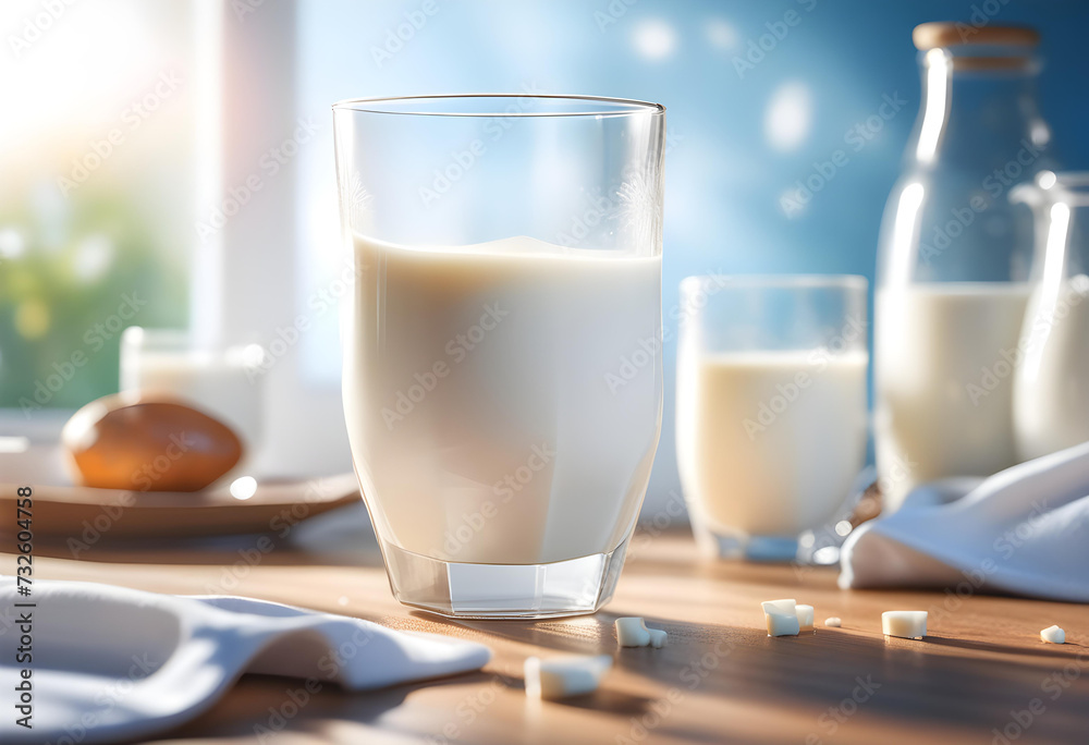 Glass of Milk, Table, Drink, Beverage, Refreshment, Dairy, Healthy, Nutrition, Fresh, White, Cow's Milk, Dairy Product, Calcium, Breakfast, Cold, AI Generated