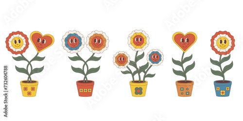 Groovy flower cartoon characters. Sticker pack in trendy retro trippy style. Hippie 60s, 70s style. © Ekaterina Karikh