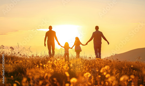 happy family  mother  father  children son and daughter on nature on sunset