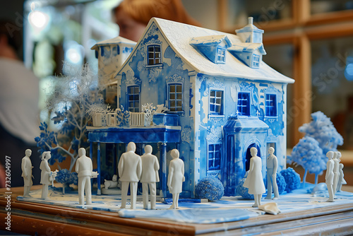 a blueandwhite model of a house and people stand arou