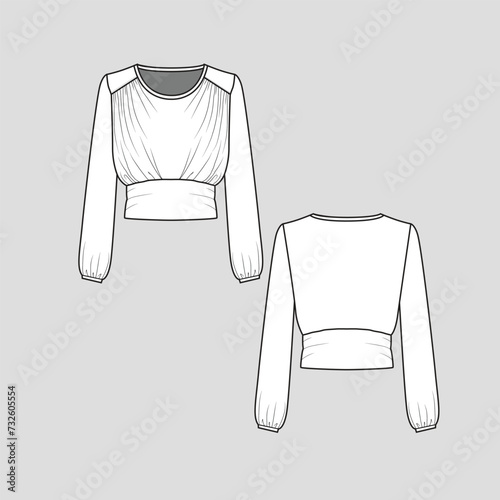 Long Sleeve drape top crew neck waist panel hem  fashion flat sketch template technical drawing