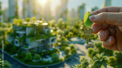 Hand Hold Key with House Model In Background, Eco-Friendly House with Solar Panels and Lush Greenery on its Walls. New Green Home Owner Concept
