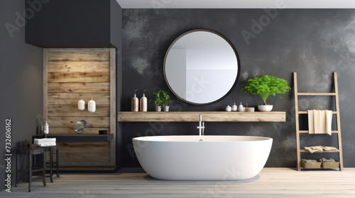 a mirror and table in modern bathroom with bathtub and green wall.