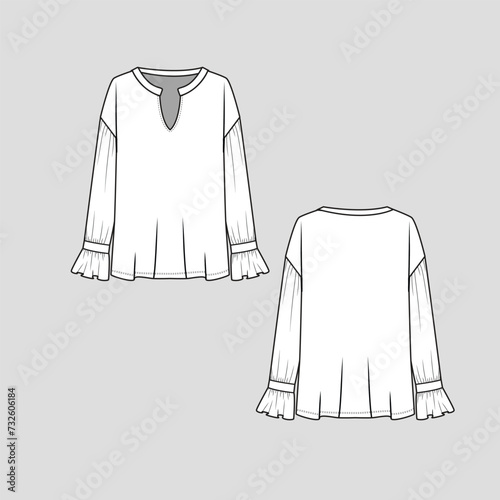 Notch neck Ruffles Sleeve top Drop Shoulder Gathering long Sleeve frill trim blouse Fashion design template  flat sketch cad  drawing