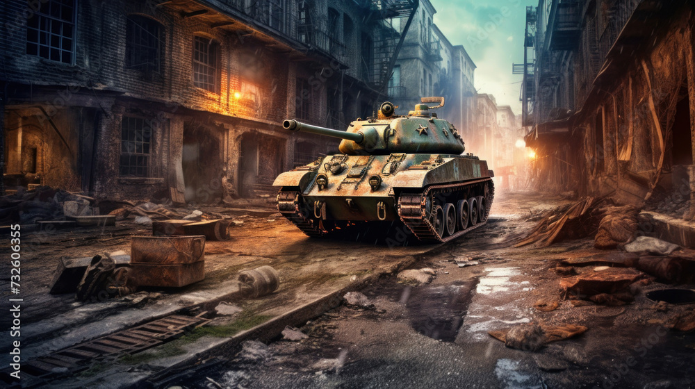 A tank in ruined city street.