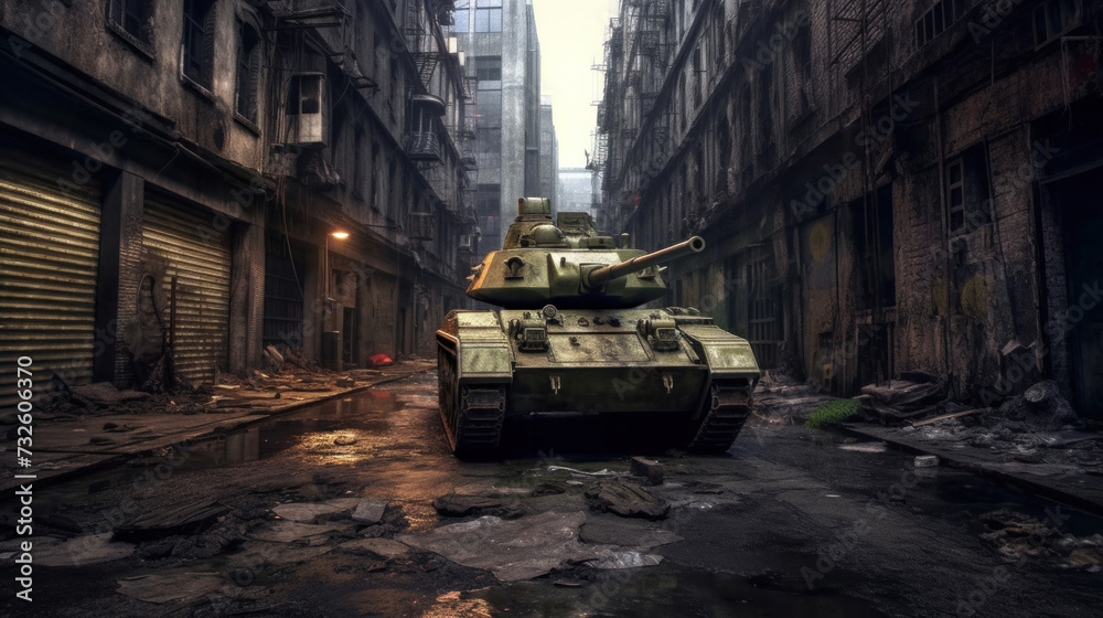 A tank in ruined city street.