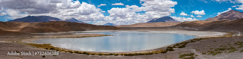 Panoramic view of Laguna Hedionda with flocks of famingos, Nor Lípez, Bolivia © Luis