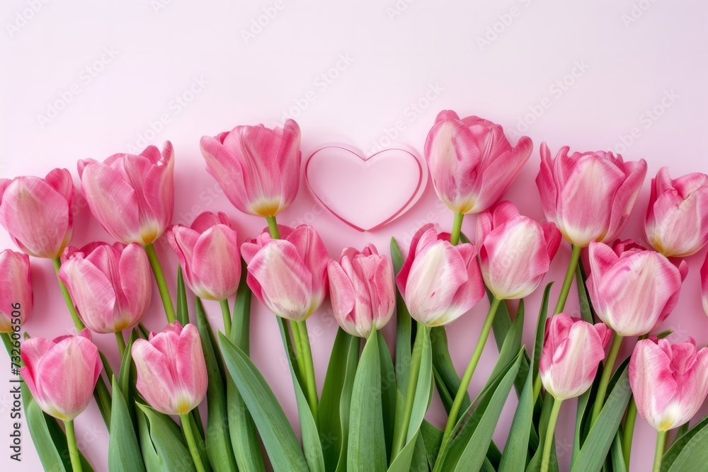 a wallpaper with pink tulips, botanical style, pink background, copy space. Concept International Women's Day