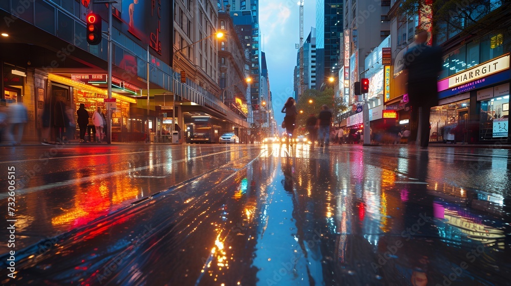 Rainy Evening Reflections on Bustling City Street - Generative AI