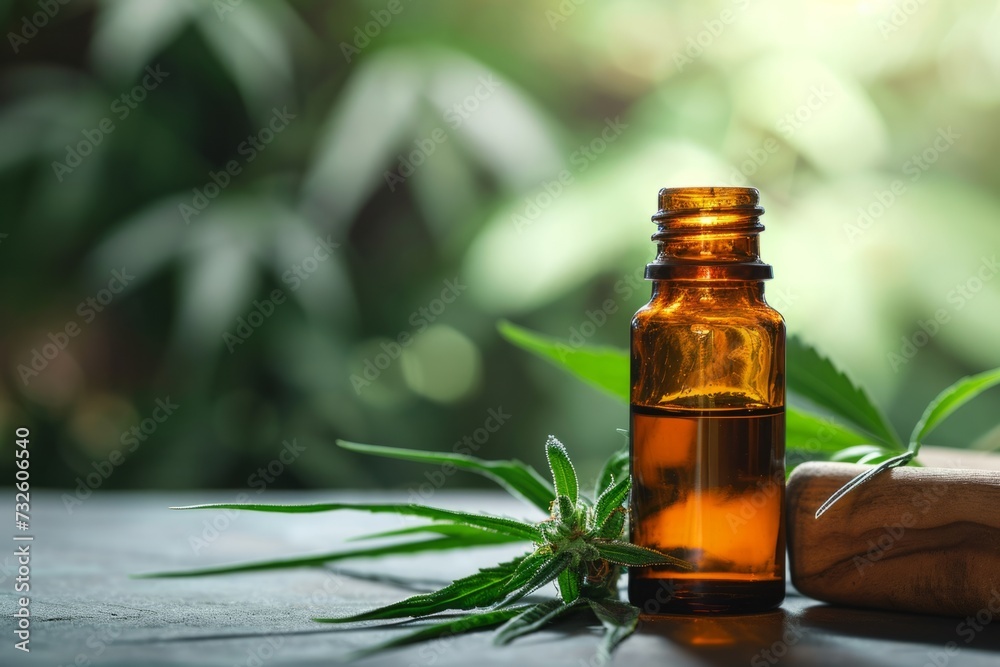 A bottle of CBD massage oil, against the backdrop of an atmospheric spa space, hemp leaves on the background, minimalism, copy space A bottle of CBD massage oil, against the backdrop of an atmospheric spa space, hemp leaves on the background, minimalism, copy space