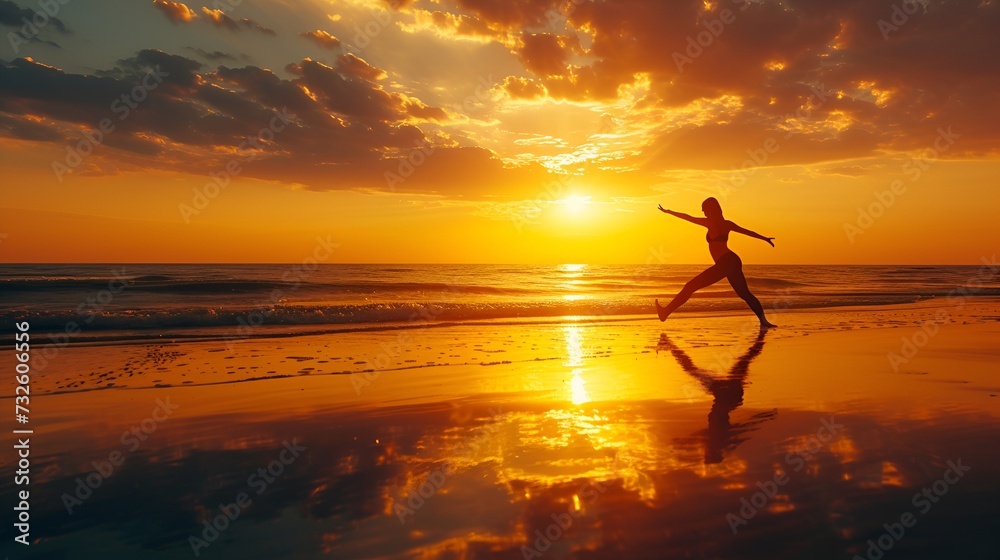 Energetic Dance on the Beach at Sunset with Reflections on Wet Sand - Generative AI