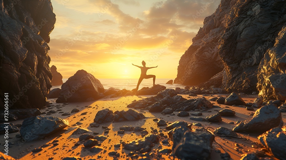 Person Embracing the Sunrise on a Rocky Seashore - Generative AI