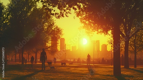 Warm Sunset Bathing City Park in Golden Light with People and Pets - Generative AI