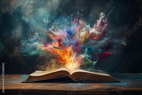 Magical Burst of Colors Emerging from Open Book on Dark Background - Generative AI