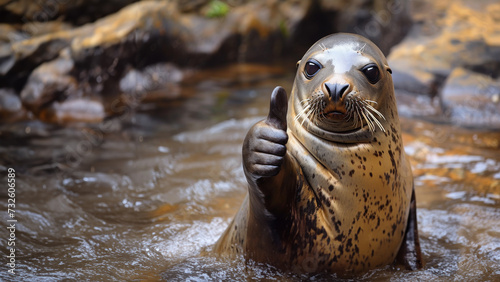The seal of approval. Seal holding his thumb up in approval as he swims in a river.