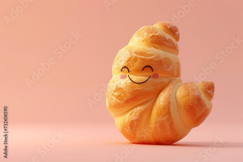 Cute croissant baby with happy face 3d cartoon character, solid pink color background photo