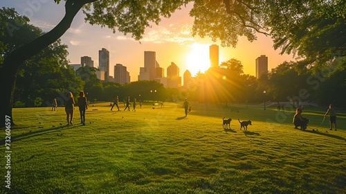 Sunset Over Urban Park with People and Dogs Enjoying the Evening - Generative AI photo