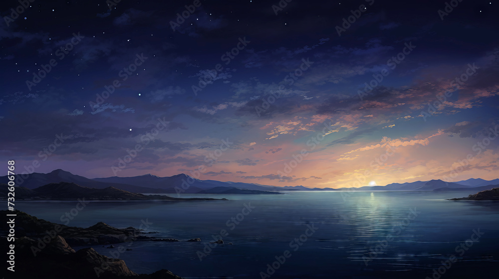 Beautiful seascape with mountains at night