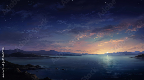 Beautiful seascape with mountains at night