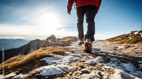 Wallpaper Mural Footsteps of climbers wearing shoes walking over a rocky mountain landscape and a beautiful sunset view in the background. seen from behind Torontodigital.ca