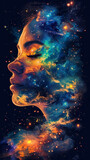 Cosmic portrait of a beautiful woman with closed eyes in space