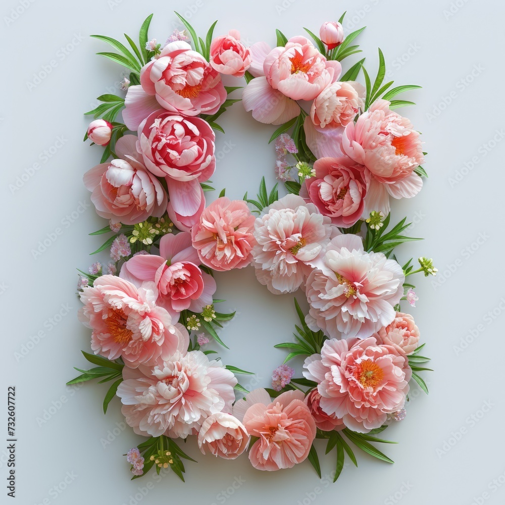The number eight is laid out from isolated pink peonies. Postcard for Women's Day March 8, symbol, date. March 8, women's day, symbol 8, peonies, template, logo, print. Flower art number eight.
The number eight is laid out from isolated pink peonies. Postcard for Women's Day March 8, symbol, date. March 8, women's day, symbol 8, peonies, template, logo, print. Flower art number eight.