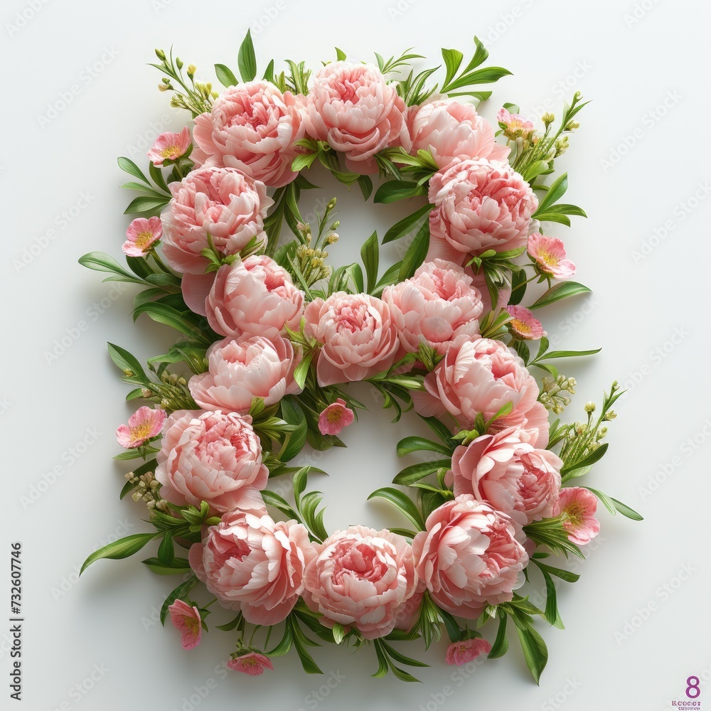 
The number eight is laid out from isolated pink peonies. Postcard for Women's Day March 8, symbol, date. March 8, women's day, symbol 8, peonies, template, logo, print. Flower art number eight.
