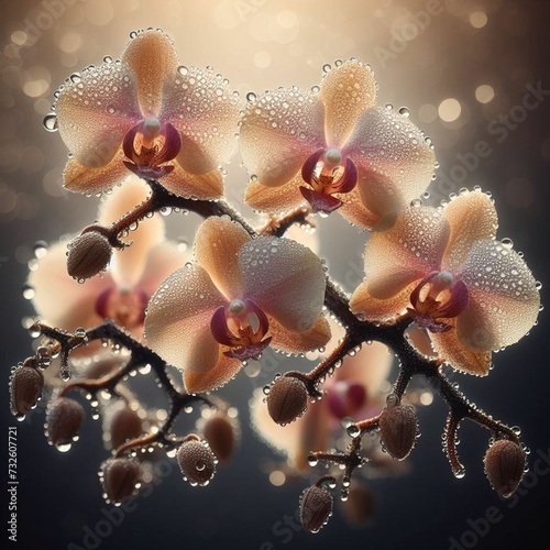 Lindas flores de orquídea em um fundo escuro com gotas de água.