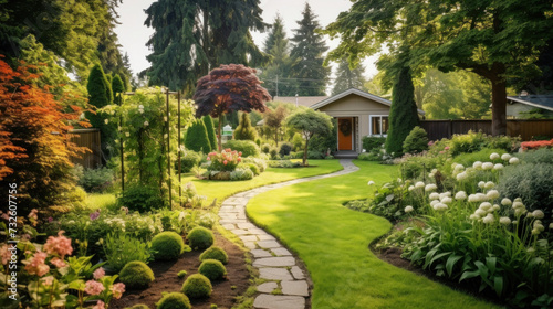 Beautifully landscaped backyard with lush gardens.